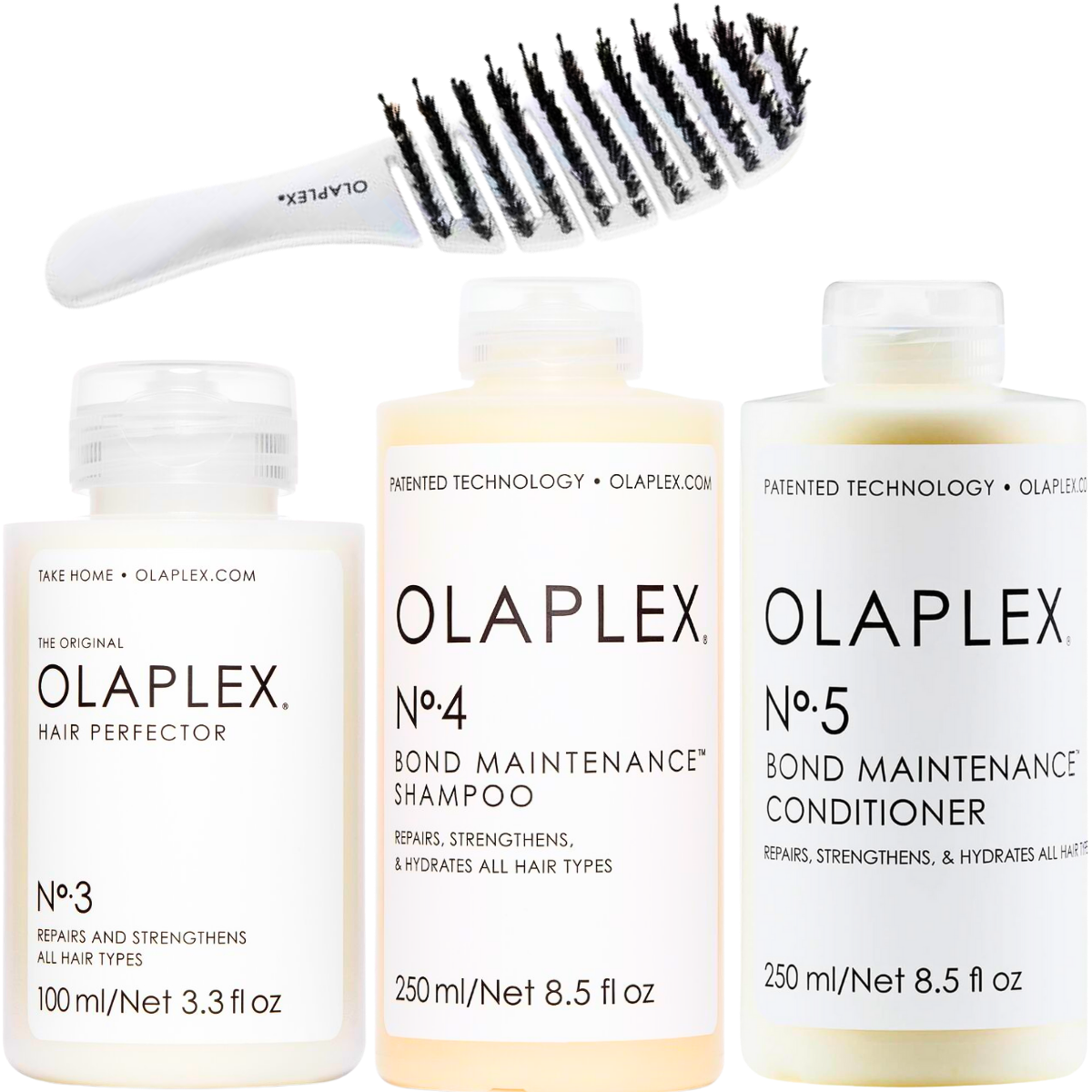 ערכה מקצועית לשיקום סיב השערה OLAPLEX NO` 3, 4, 5 + מברשת מתנה אולפלקס
