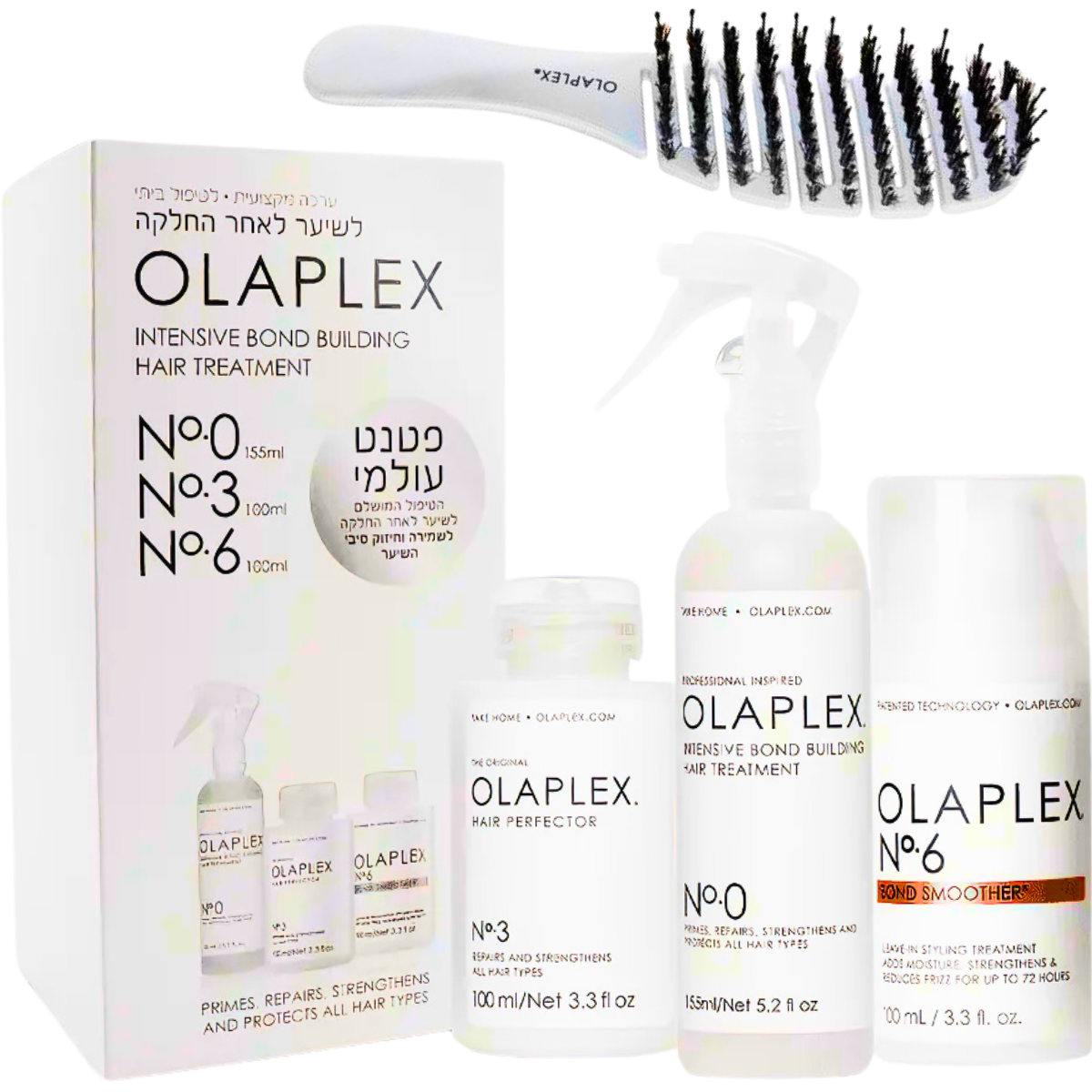 ערכה מקצועית לשיער לאחר החלקה OLAPLEX לשמירה וחיזוק סיבי השיער NO` 0,3, 6 + מברשת מתנה אולפלקס