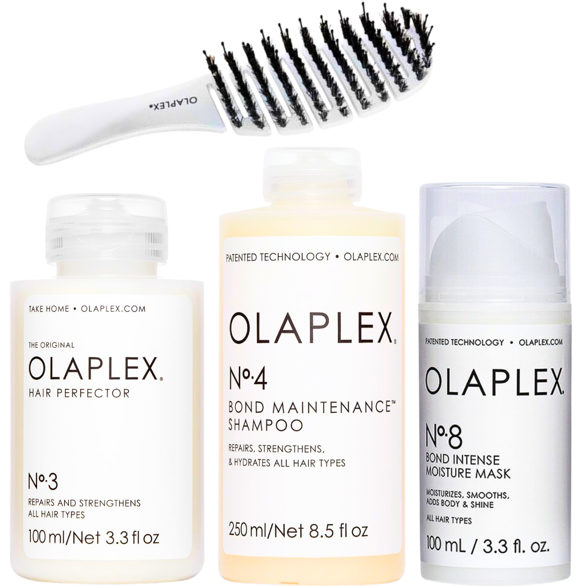 ערכה מקצועית לכל סוגי השיער OLAPLEX לשמירה וחיזוק סיבי השיער NO` 8, 4. 3 + מברשת מתנה אולפלקס