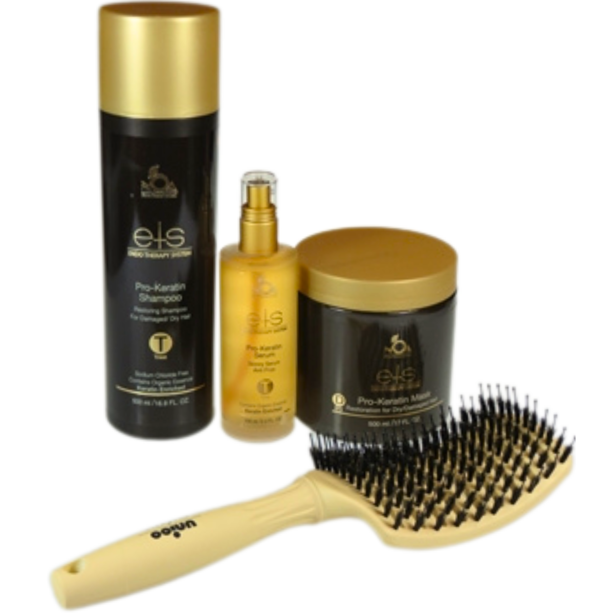 ערכה לשיער PRO KERATIN לשיקום שיער יבש ופגום שמפו, מסכה, סרום + מברשת מתנה ETS